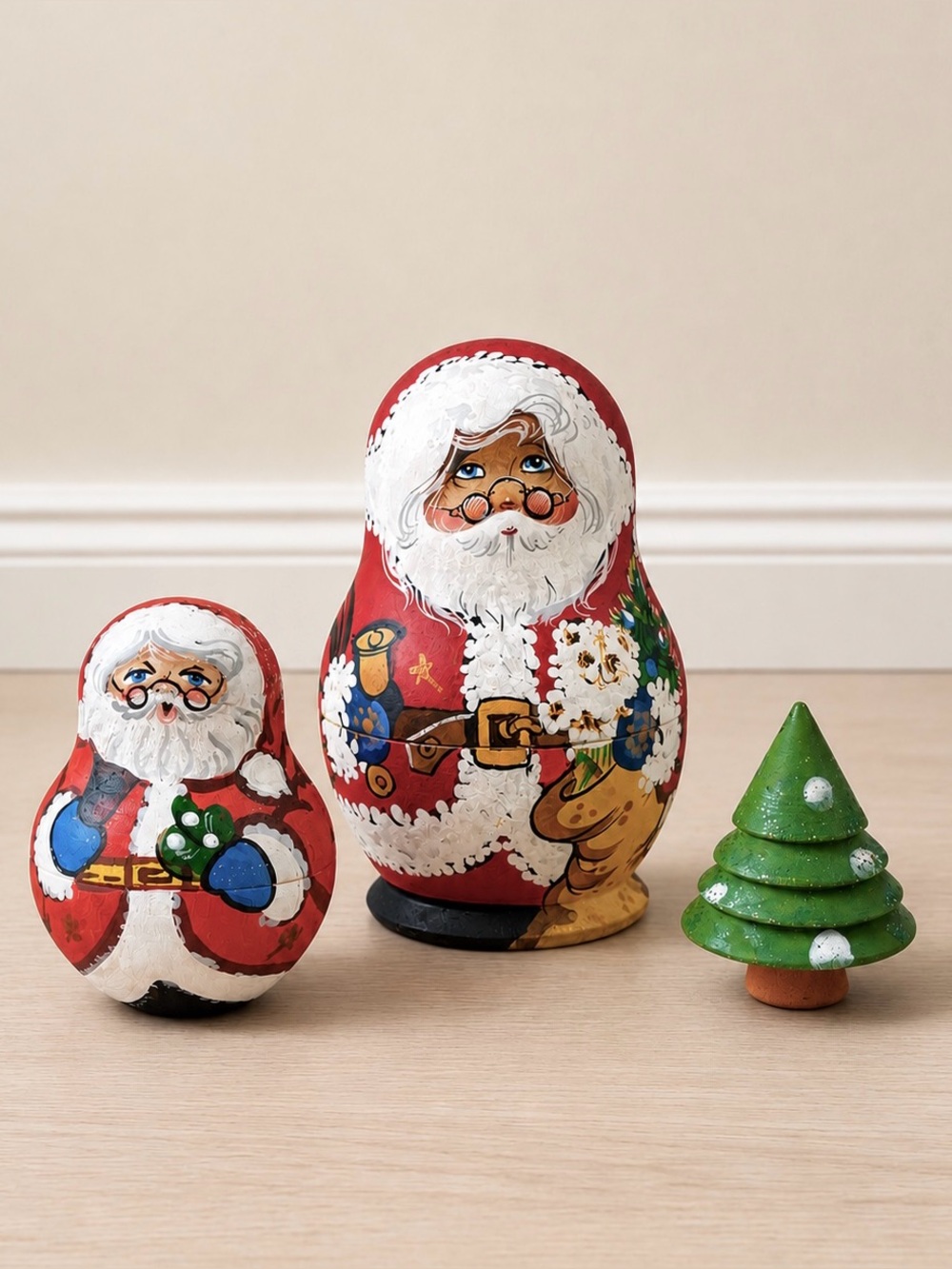 Sergiyev Posad Russian Nesting Doll 3-Pc Set Hand Painted Wooden Santa Signed